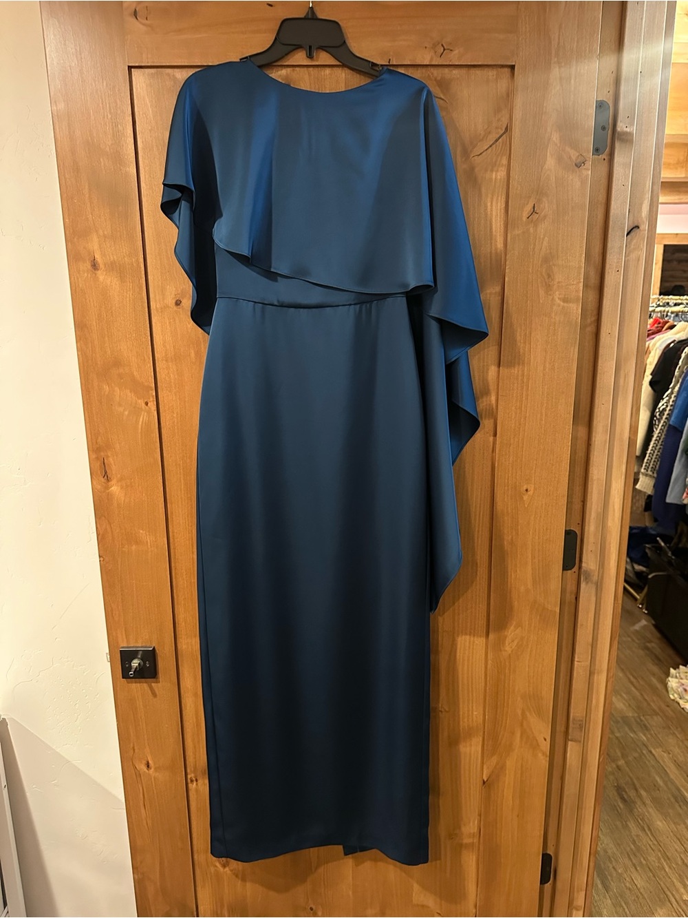 Theia Karis Teal Cape-Overlay Evening Gown - Picture 2 of 7